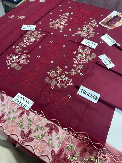 QALAMKAR-3PC DHANAK EMBROIDERED SHIRT WITH DHANAK EMBROIDERED SHAWL AND TROUSER