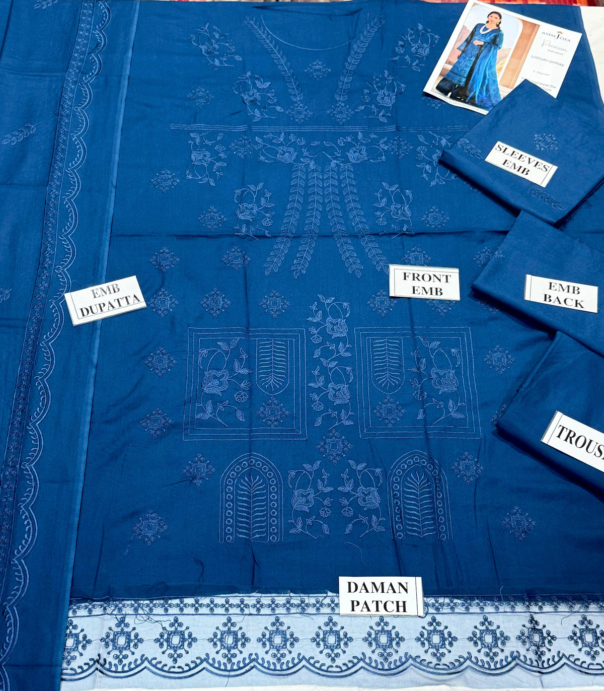 ASIMJOFA-3PC DHANAK EMBROIDERED SHIRT WITH DHANAK EMBROIDERED SHAWL AND TROUSER