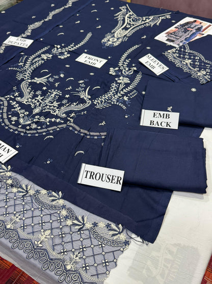 QALAMKAR-3PC DHANAK EMBROIDERED SHIRT WITH DHANAK EMBROIDERED SHAWL AND TROUSER