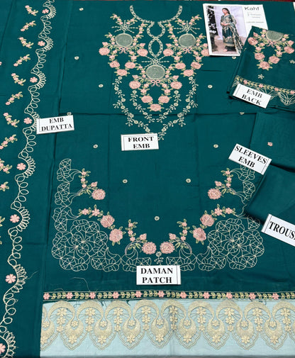 KAHF-3PC DHANAK EMBROIDERED SHIRT WITH DHANAK EMBROIDERED SHAWL AND TROUSER