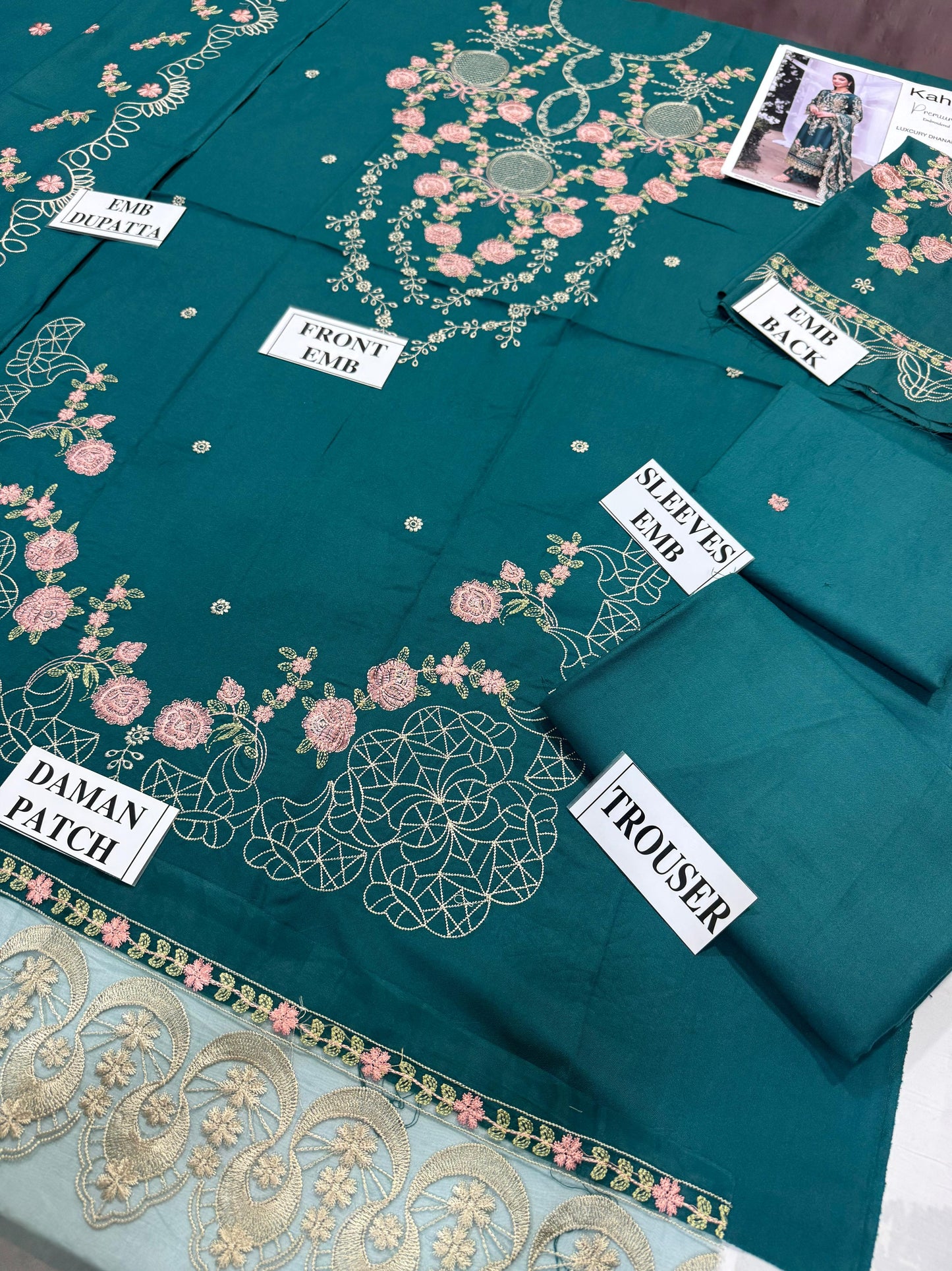 KAHF-3PC DHANAK EMBROIDERED SHIRT WITH DHANAK EMBROIDERED SHAWL AND TROUSER