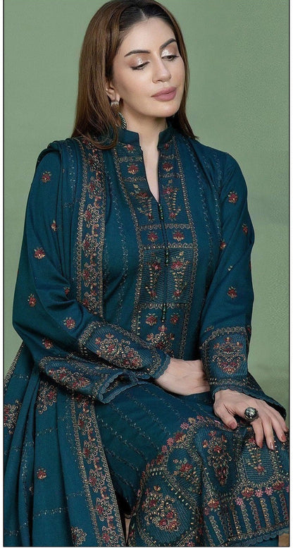 N00R-e-FAJAR-3PC DHANAK EMBROIDERED SHIRT WITH DHANAK EMBROIDERED SHAWL AND TROUSER