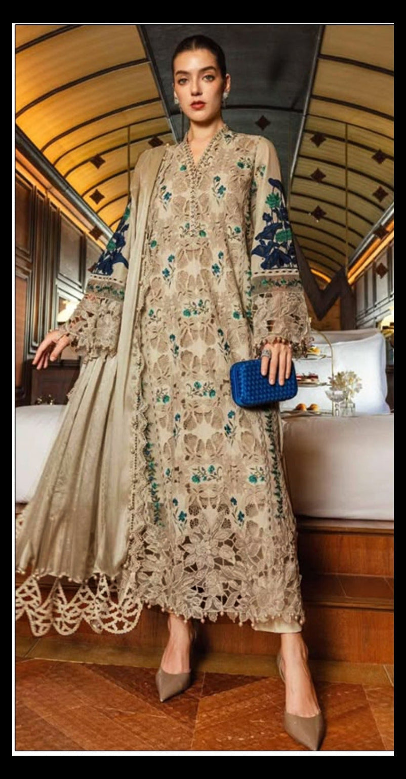 MARIA.B-3PC DHANAK EMBROIDERED SHIRT WITH DHANAK EMBROIDERED SHAWL AND TROUSER