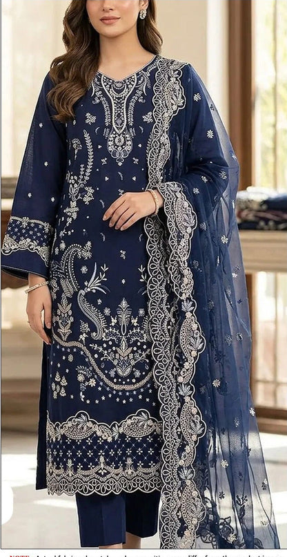 QALAMKAR-3PC DHANAK EMBROIDERED SHIRT WITH DHANAK EMBROIDERED SHAWL AND TROUSER