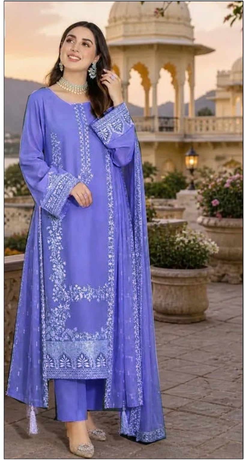 ZARQASH-3PC DHANAK EMBROIDERED SHIRT WITH DHANAK EMBROIDERED SHAWL AND TROUSER