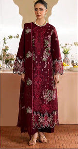 QALAMKAR-3PC DHANAK EMBROIDERED SHIRT WITH DHANAK EMBROIDERED SHAWL AND TROUSER