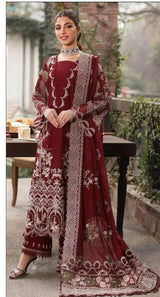 KAHF-3PC DHANAK EMBROIDERED SHIRT WITH DHANAK EMBROIDERED SHAWL AND TROUSER