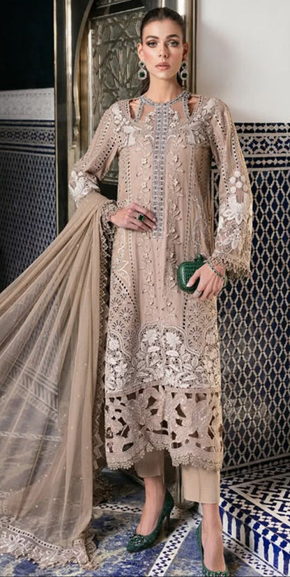 MARIA.B-3PC DHANAK  EMBROIDERED SHIRT WITH DHANAK EMBROIDERED SHAWL & DHANAK TOUSER