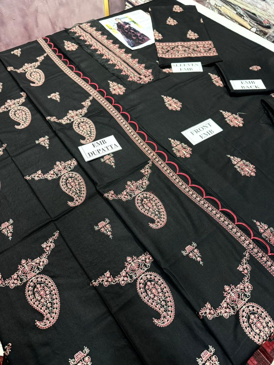 BAREEZE-3PC DHANAK EMBROIDERED SHIRT WITH DHANAK EMBROIDERED SHAWL AND TROUSER