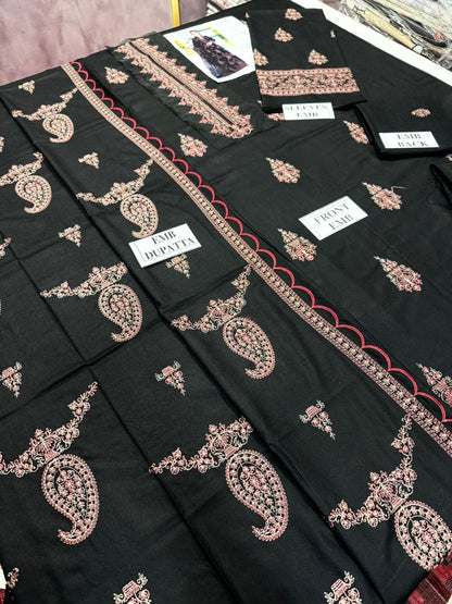 BAREEZE-3PC DHANAK EMBROIDERED SHIRT WITH DHANAK EMBROIDERED SHAWL AND TROUSER