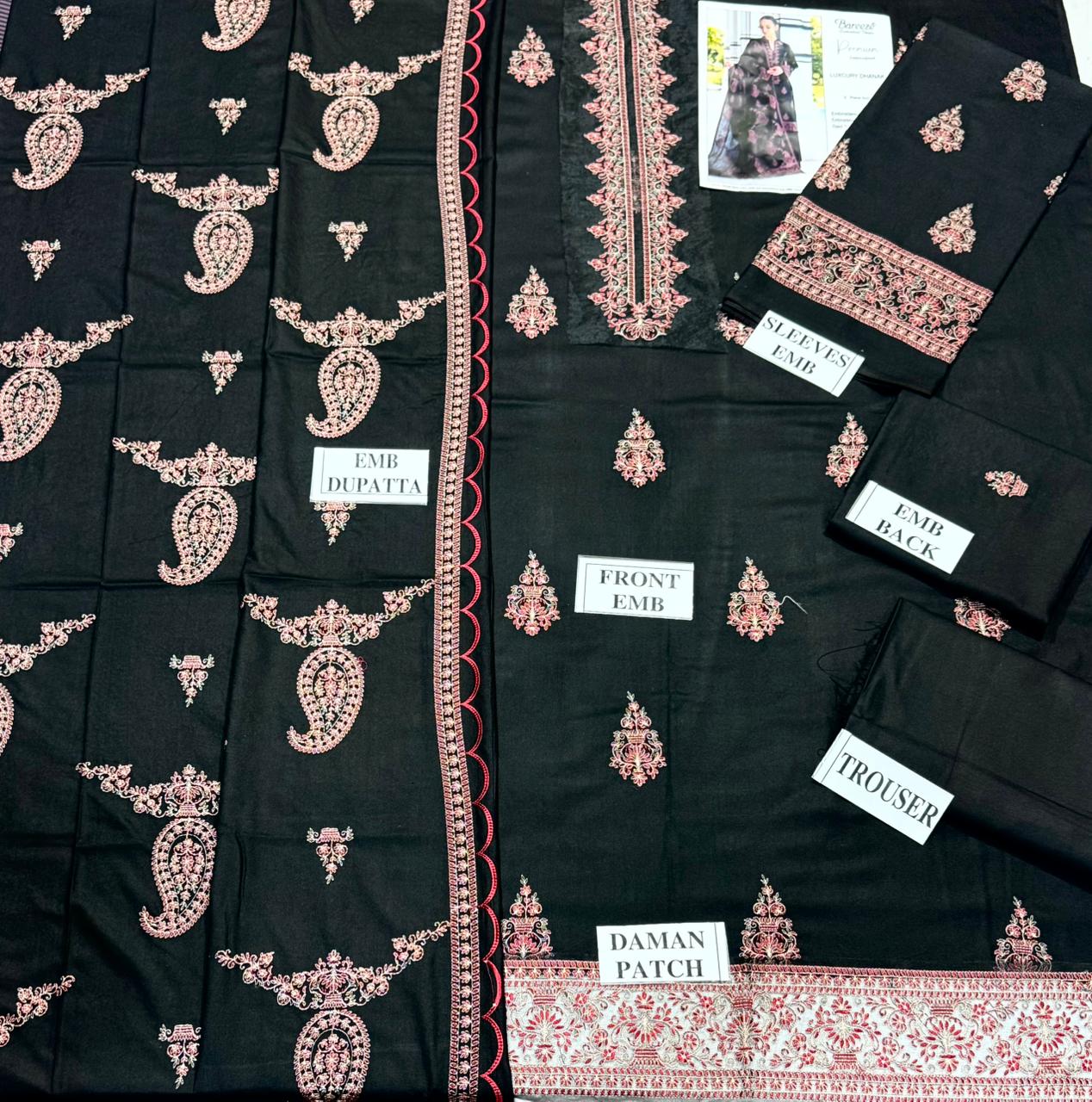 BAREEZE-3PC DHANAK EMBROIDERED SHIRT WITH DHANAK EMBROIDERED SHAWL AND TROUSER