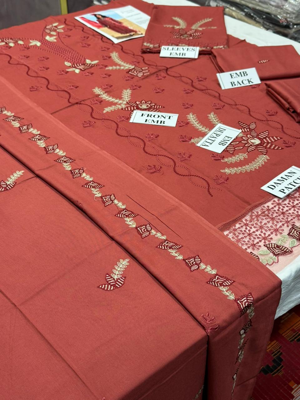 RANG RASIYA-3PC DHANAK EMBROIDERED SHIRT WITH DHANAK EMBROIDERED SHAWL AND TROUSER