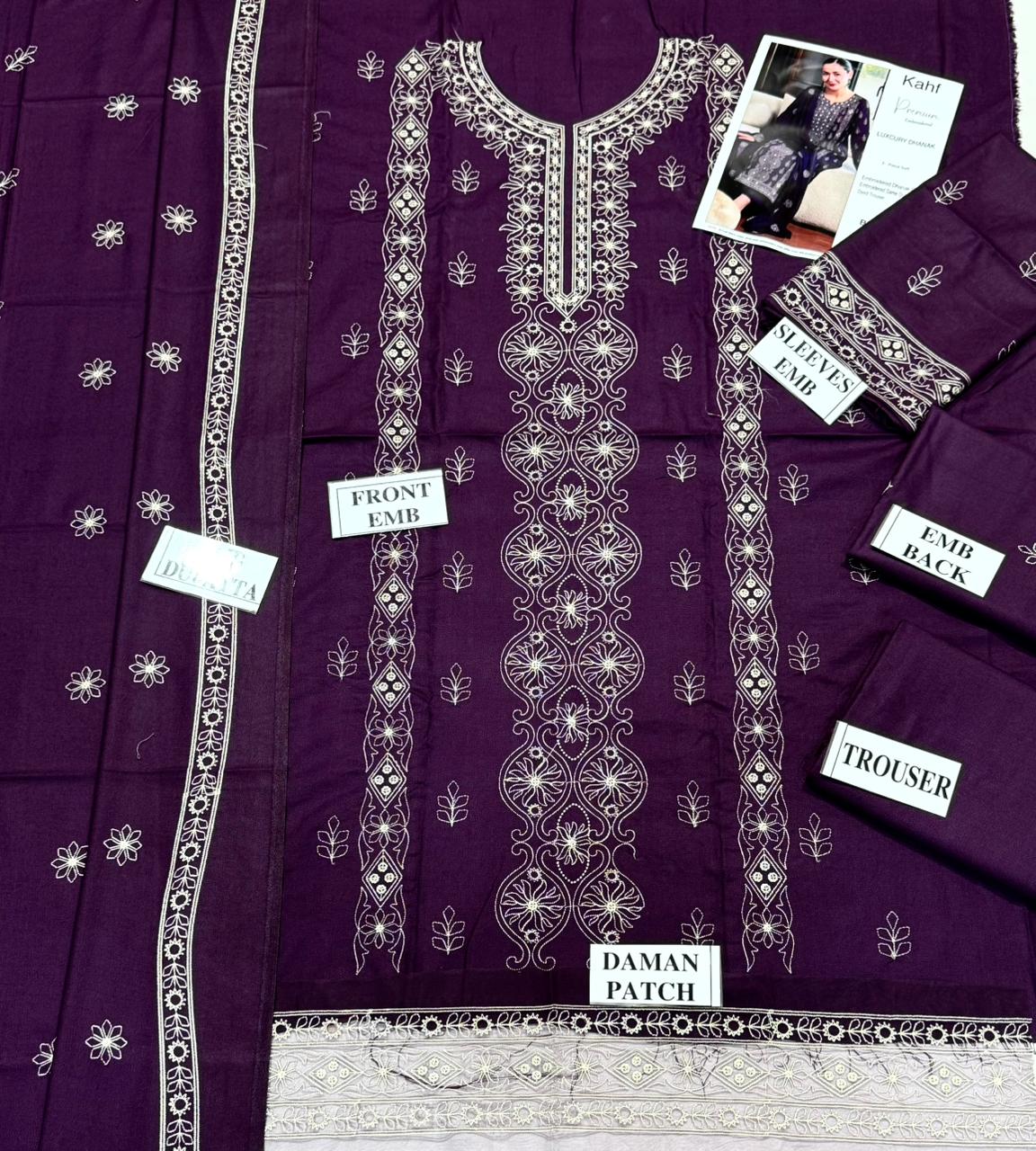 KAHF-3PC DHANAK EMBROIDERED SHIRT WITH DHANAK EMBROIDERED SHAWL AND TROUSER
