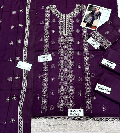 KAHF-3PC DHANAK EMBROIDERED SHIRT WITH DHANAK EMBROIDERED SHAWL AND TROUSER