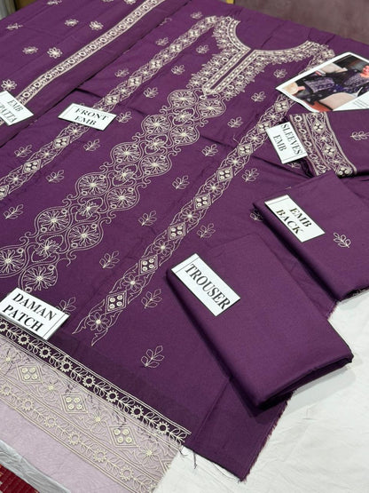 KAHF-3PC DHANAK EMBROIDERED SHIRT WITH DHANAK EMBROIDERED SHAWL AND TROUSER