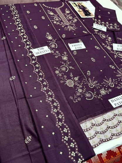 QALAMKAR-3PC DHANAK EMBROIDERED SHIRT WITH DHANAK EMBROIDERED SHAWL AND TROUSER
