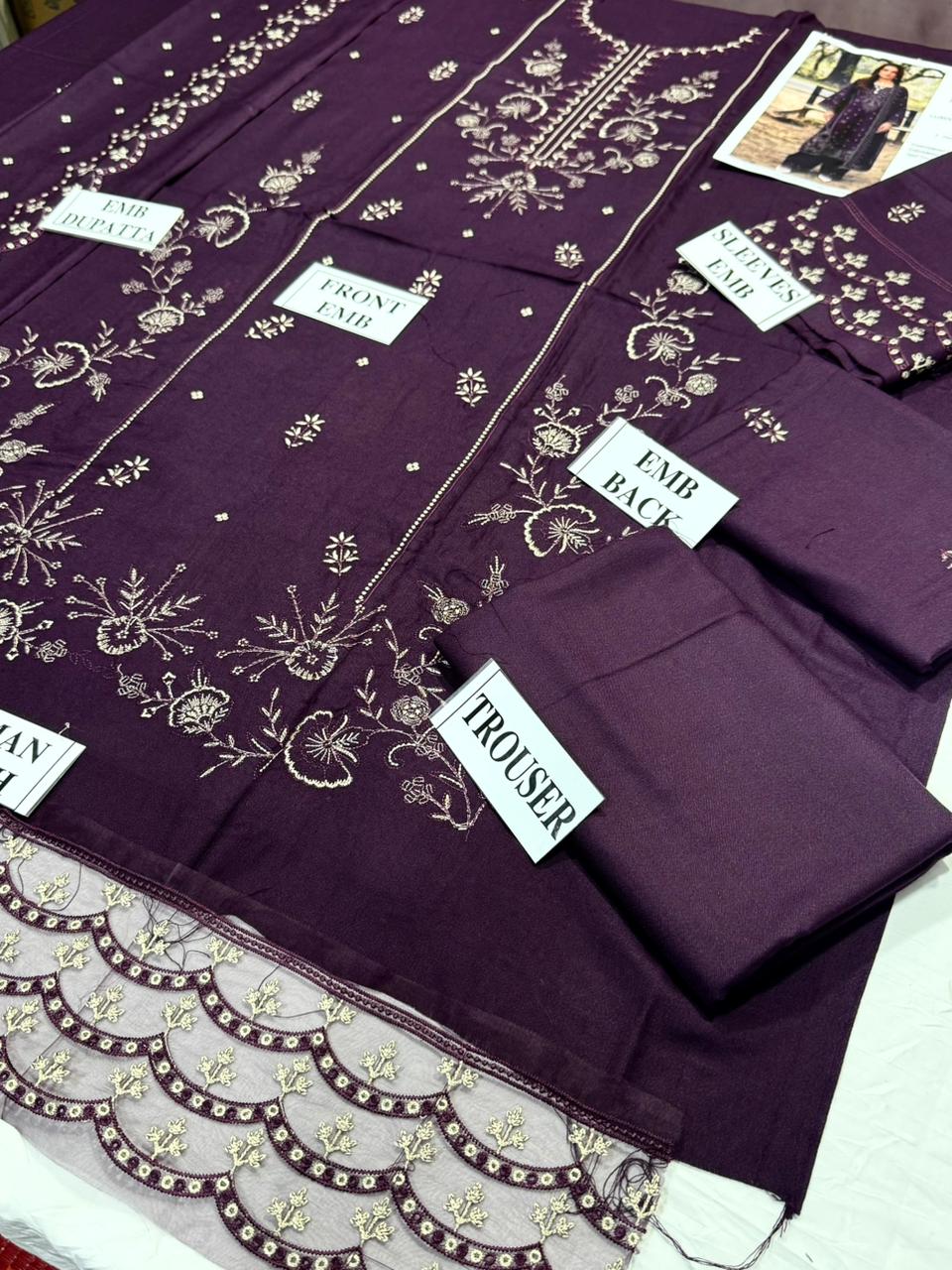 QALAMKAR-3PC DHANAK EMBROIDERED SHIRT WITH DHANAK EMBROIDERED SHAWL AND TROUSER