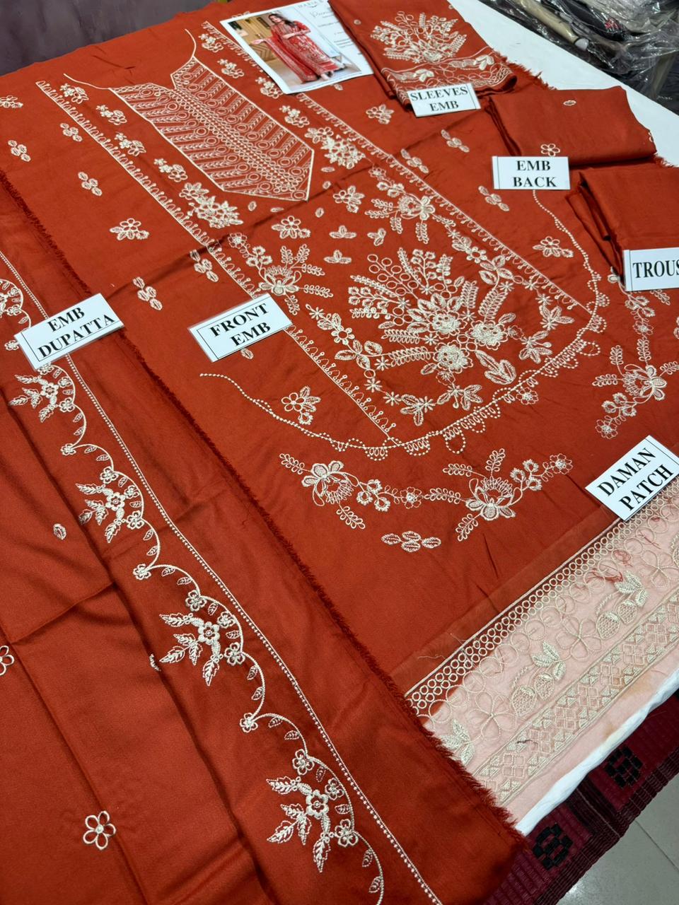 MARI .B-3PC DHANAK EMBROIDERED SHIRT WITH DHANAK EMBROIDERED SHAWL AND TROUSER