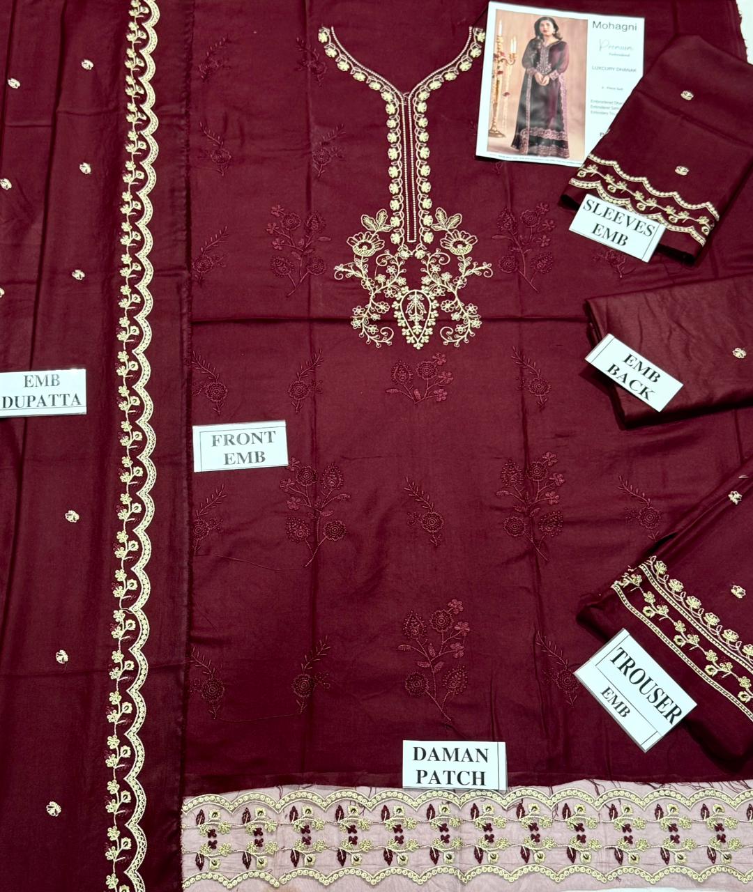 MOHAGNI -3PC DHANAK EMBROIDERED SHIRT WITH DHANAK EMBROIDERED SHAWL AND TROUSER
