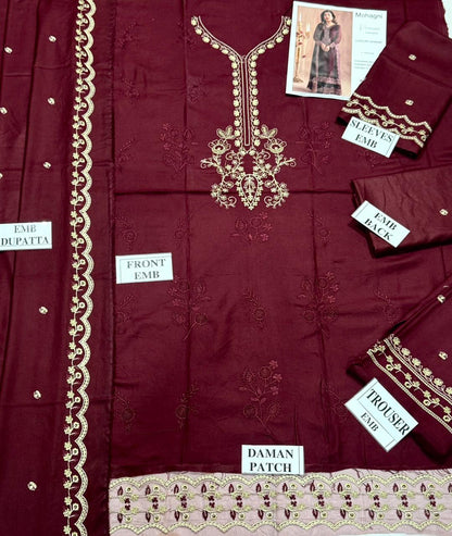 MOHAGNI -3PC DHANAK EMBROIDERED SHIRT WITH DHANAK EMBROIDERED SHAWL AND TROUSER