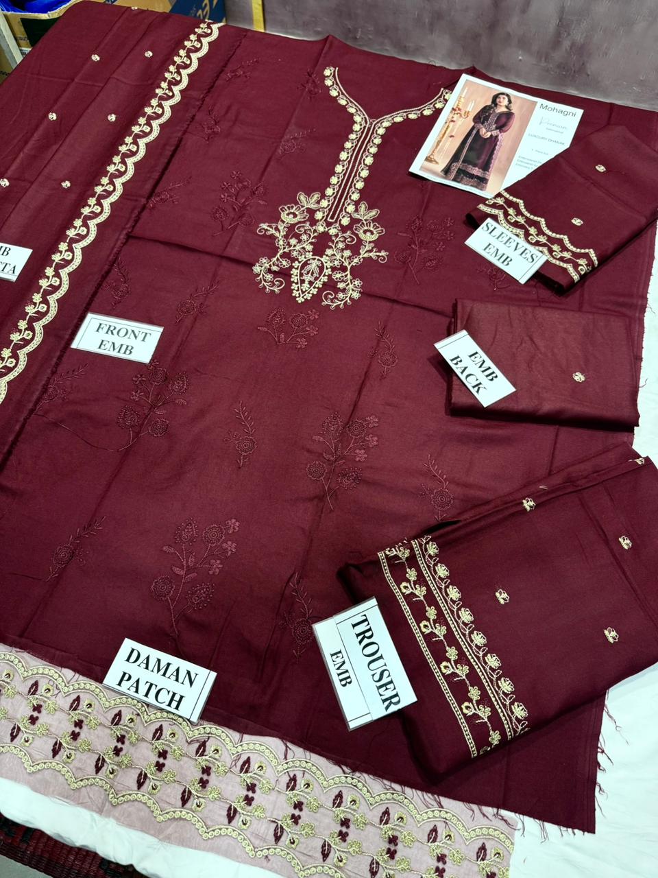 MOHAGNI -3PC DHANAK EMBROIDERED SHIRT WITH DHANAK EMBROIDERED SHAWL AND TROUSER