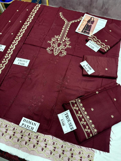 MOHAGNI -3PC DHANAK EMBROIDERED SHIRT WITH DHANAK EMBROIDERED SHAWL AND TROUSER