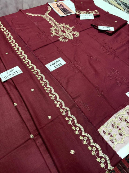 MOHAGNI -3PC DHANAK EMBROIDERED SHIRT WITH DHANAK EMBROIDERED SHAWL AND TROUSER
