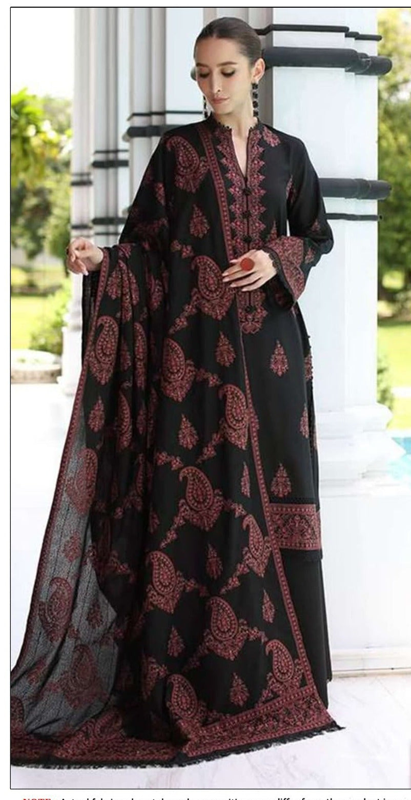 BAREEZE-3PC DHANAK EMBROIDERED SHIRT WITH DHANAK EMBROIDERED SHAWL AND TROUSER