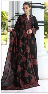 BAREEZE-3PC DHANAK EMBROIDERED SHIRT WITH DHANAK EMBROIDERED SHAWL AND TROUSER