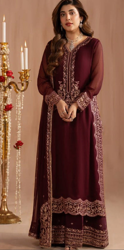 MOHAGNI -3PC DHANAK EMBROIDERED SHIRT WITH DHANAK EMBROIDERED SHAWL AND TROUSER