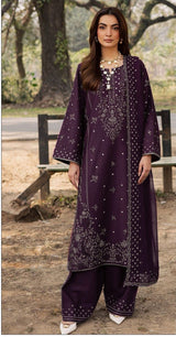 QALAMKAR-3PC DHANAK EMBROIDERED SHIRT WITH DHANAK EMBROIDERED SHAWL AND TROUSER