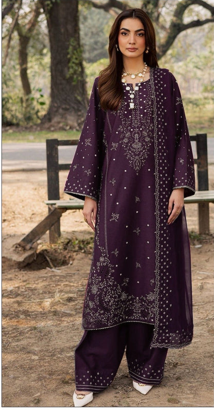 QALAMKAR-3PC DHANAK EMBROIDERED SHIRT WITH DHANAK EMBROIDERED SHAWL AND TROUSER
