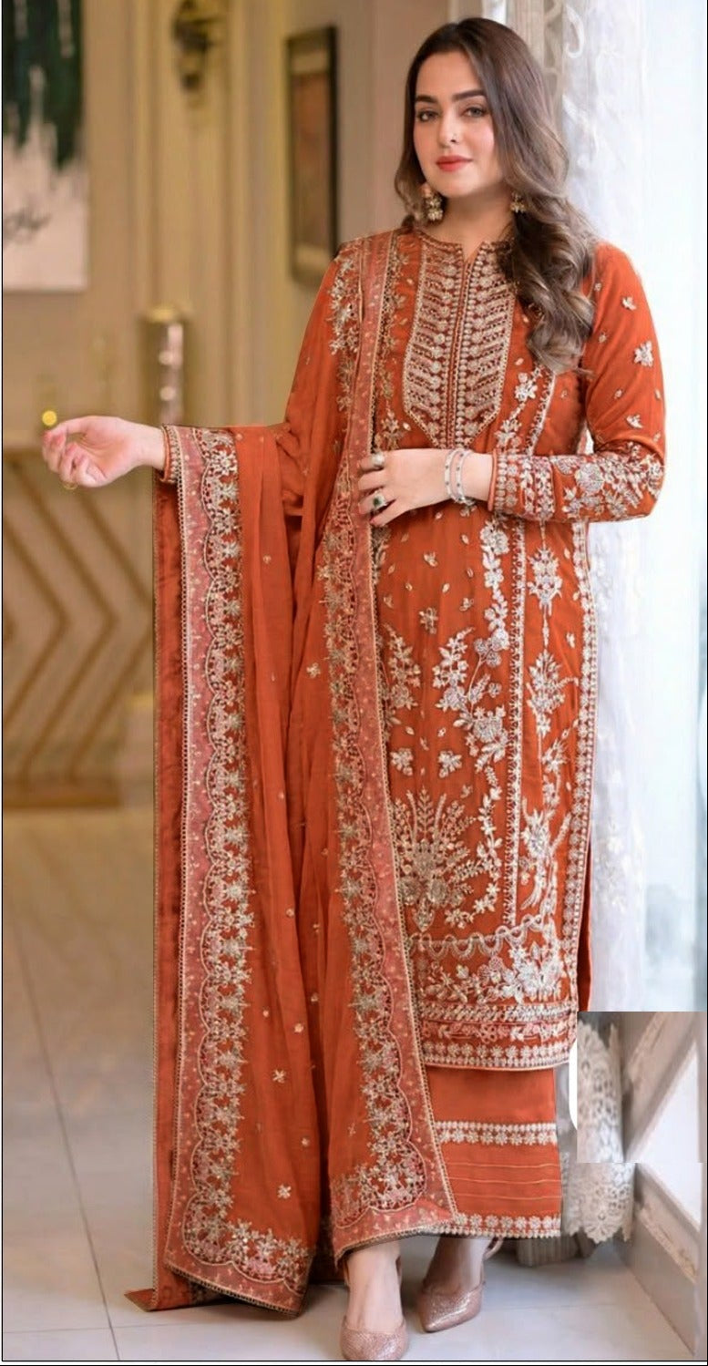 MARI .B-3PC DHANAK EMBROIDERED SHIRT WITH DHANAK EMBROIDERED SHAWL AND TROUSER