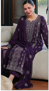KAHF-3PC DHANAK EMBROIDERED SHIRT WITH DHANAK EMBROIDERED SHAWL AND TROUSER