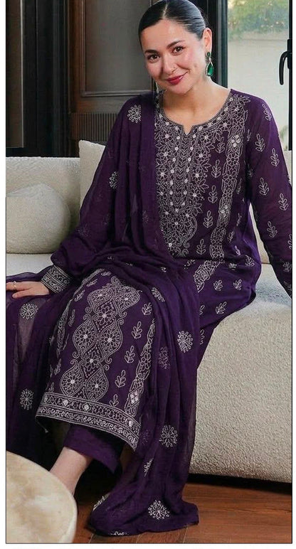 KAHF-3PC DHANAK EMBROIDERED SHIRT WITH DHANAK EMBROIDERED SHAWL AND TROUSER