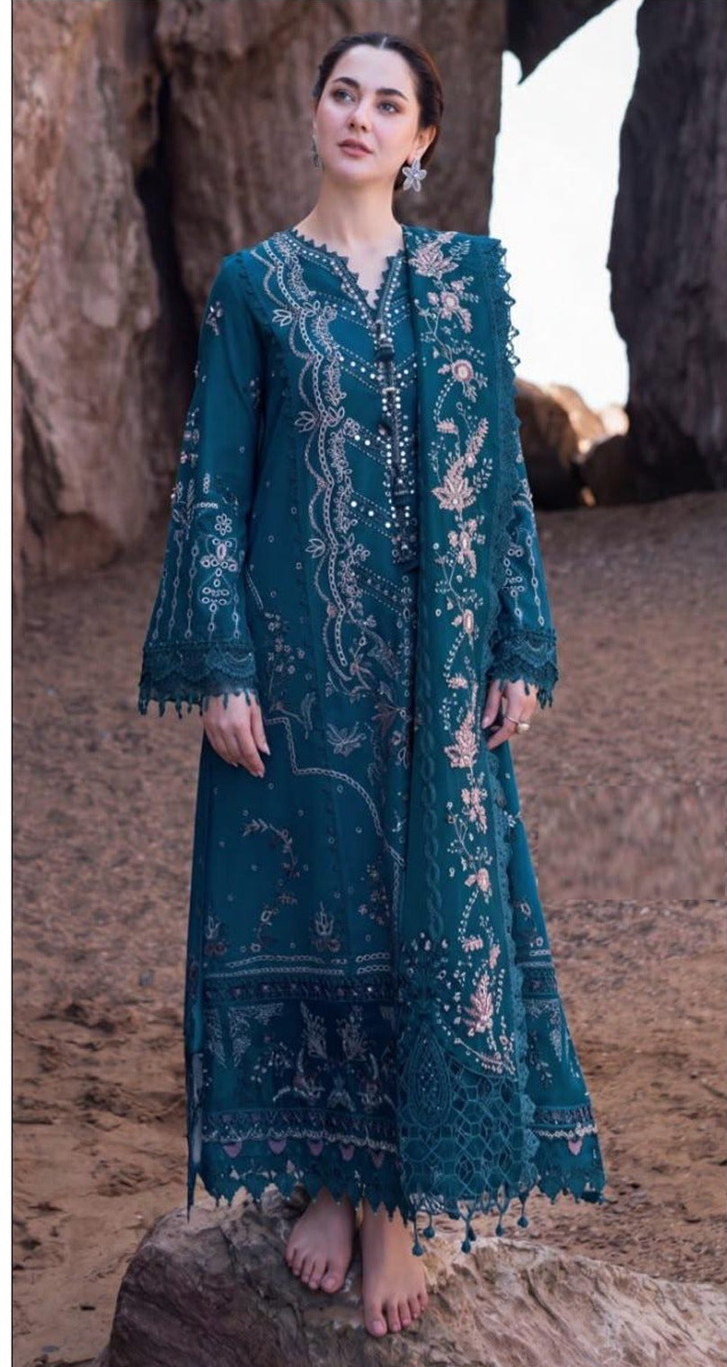 MARI.B-3PC DHANAK EMBROIDERED SHIRT WITH DHANAK EMBROIDERED SHAWL AND TROUSER