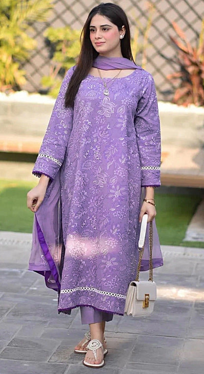 LIBAAS-3PC DHANAK EMBROIDERED SHIRT WITH DHANAK EMBROIDERED SHAWL AND TROUSER