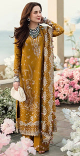 QALAMKAR-3PC DHANAK EMBROIDERED SHIRT WITH DHANAK EMBROIDERED SHAWL AND TROUSER