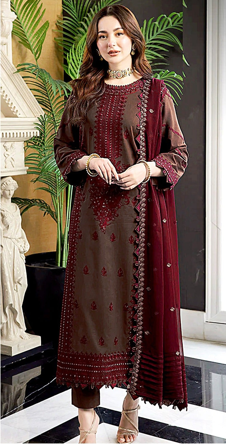 ASIMJOFA-3PC DHANAK EMBROIDERED SHIRT WITH DHANAK EMBROIDERED SHAWL AND TROUSER
