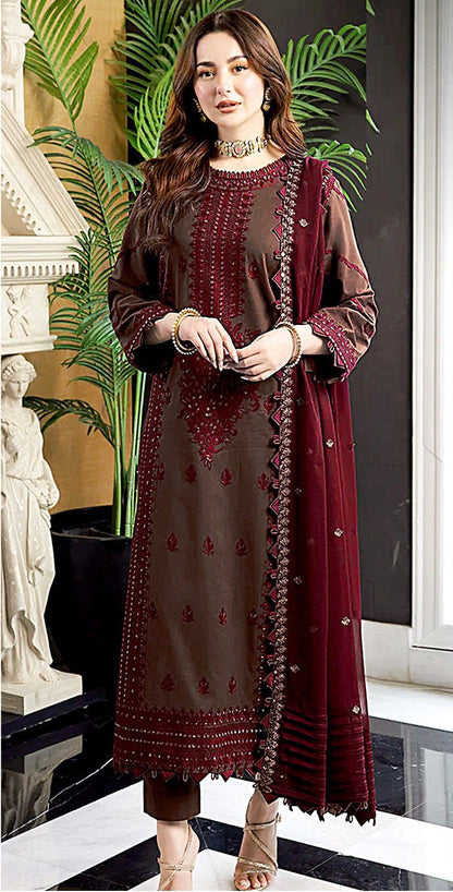 ASIMJOFA-3PC DHANAK EMBROIDERED SHIRT WITH DHANAK EMBROIDERED SHAWL AND TROUSER