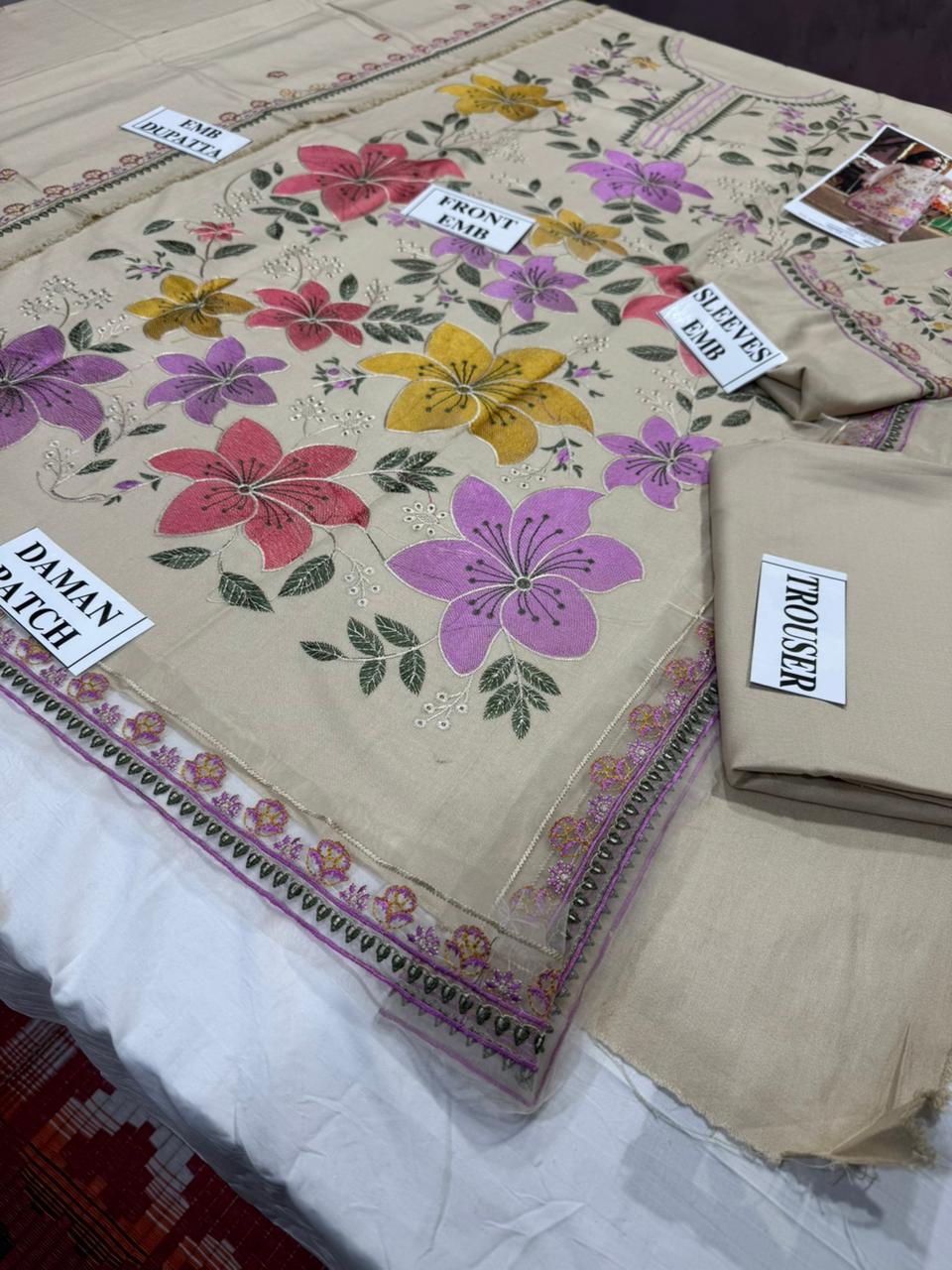 ANEELAS-3PC DHANAK EMBROIDERED SHIRT WITH DHANAK EMBROIDERED SHAWL AND TROUSER
