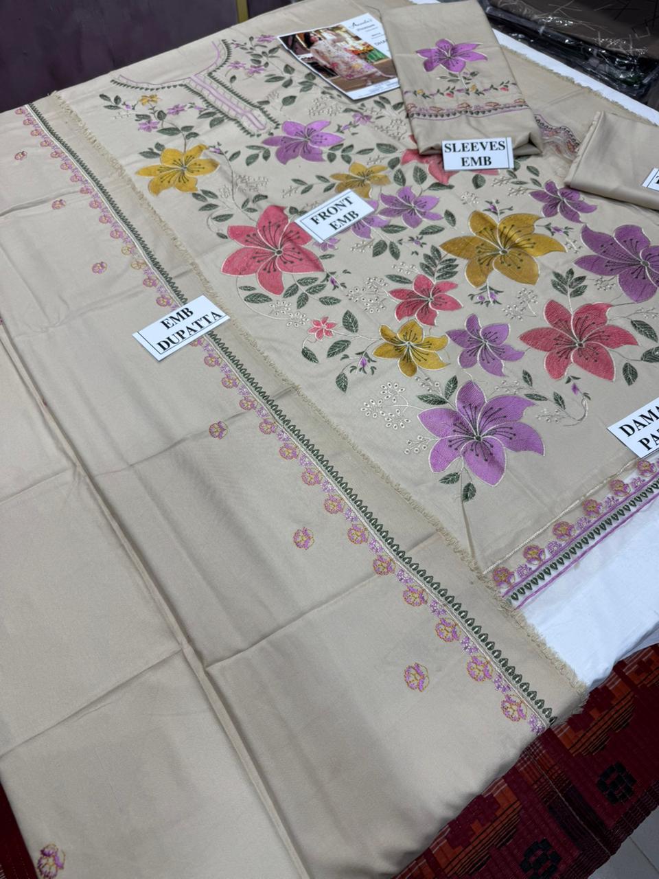 ANEELAS-3PC DHANAK EMBROIDERED SHIRT WITH DHANAK EMBROIDERED SHAWL AND TROUSER