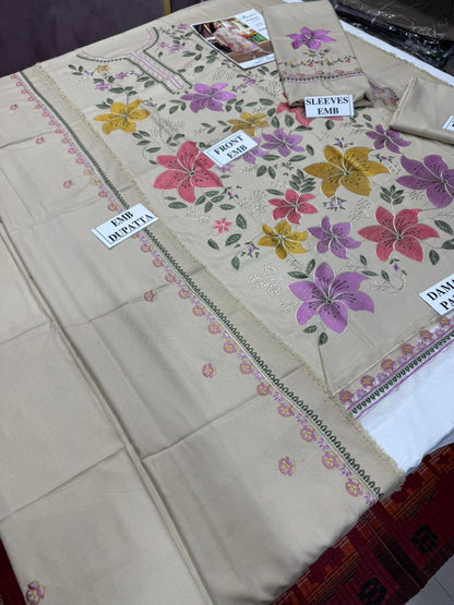 ANEELAS-3PC DHANAK EMBROIDERED SHIRT WITH DHANAK EMBROIDERED SHAWL AND TROUSER