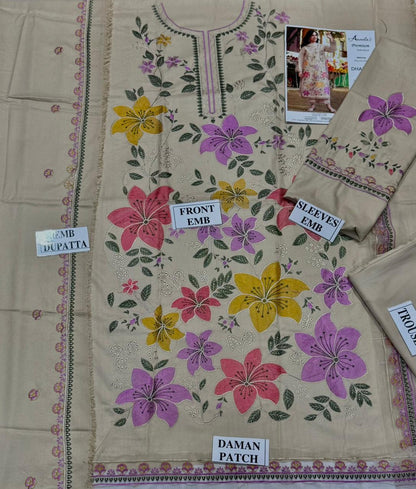 ANEELAS-3PC DHANAK EMBROIDERED SHIRT WITH DHANAK EMBROIDERED SHAWL AND TROUSER