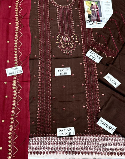 ASIMJOFA-3PC DHANAK EMBROIDERED SHIRT WITH DHANAK EMBROIDERED SHAWL AND TROUSER