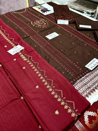 ASIMJOFA-3PC DHANAK EMBROIDERED SHIRT WITH DHANAK EMBROIDERED SHAWL AND TROUSER