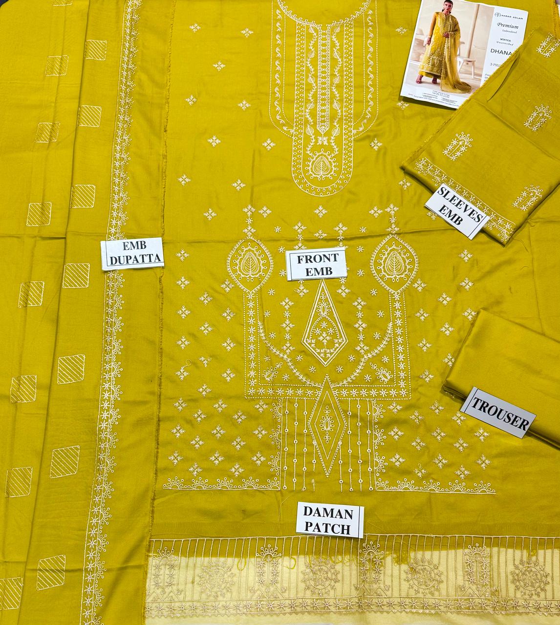 AKBAR ASLAM-3PC DHANAK EMBROIDERED SHIRT WITH DHANAK EMBROIDERED SHAWL AND TROUSER