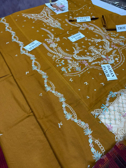 QALAMKAR-3PC DHANAK EMBROIDERED SHIRT WITH DHANAK EMBROIDERED SHAWL AND TROUSER