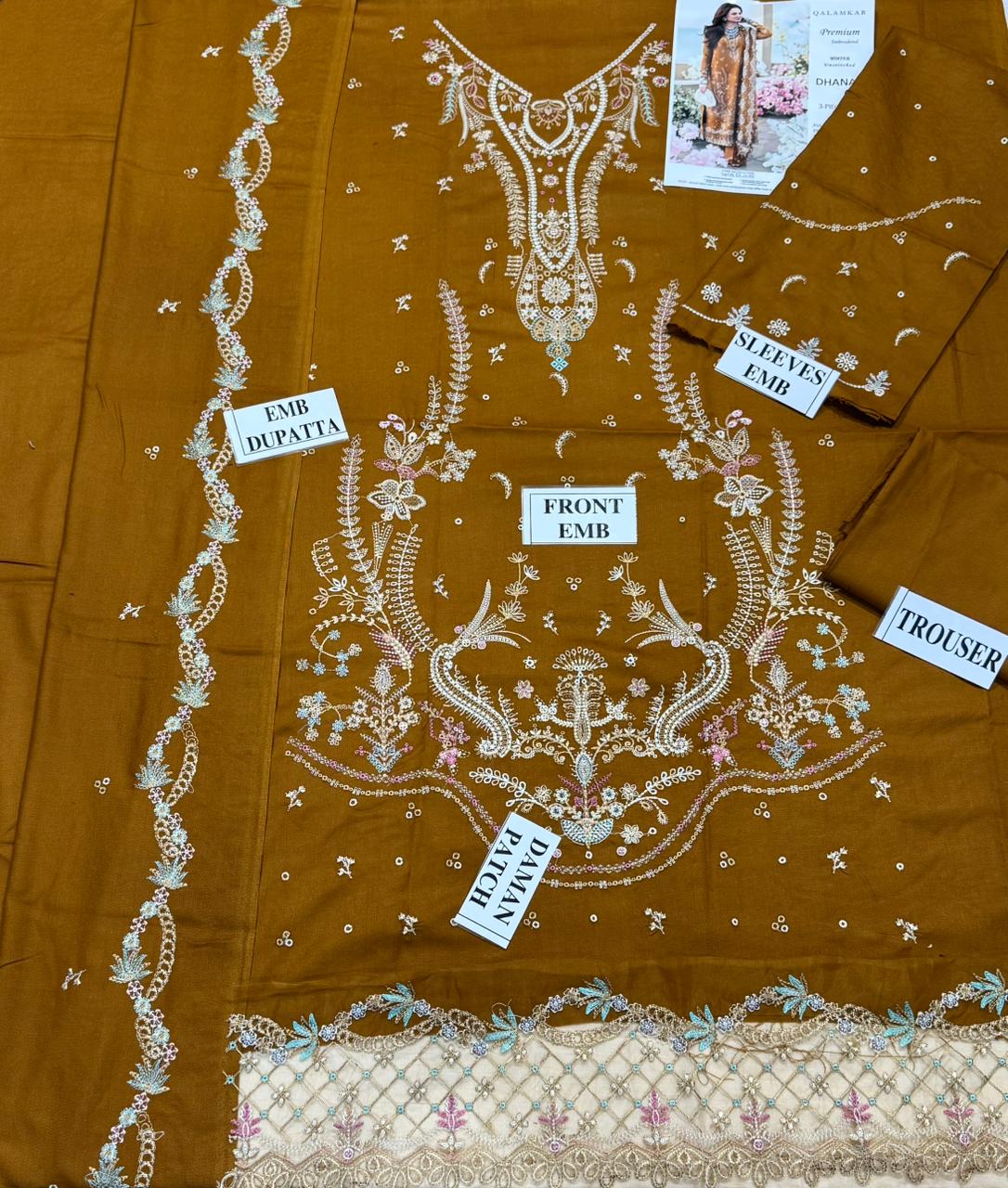 QALAMKAR-3PC DHANAK EMBROIDERED SHIRT WITH DHANAK EMBROIDERED SHAWL AND TROUSER