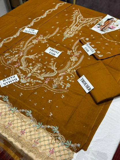QALAMKAR-3PC DHANAK EMBROIDERED SHIRT WITH DHANAK EMBROIDERED SHAWL AND TROUSER